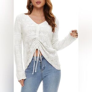 NEW White V-Neck Sweater NWOT Crop Top Cropped Crochet Loose Knit Ruched